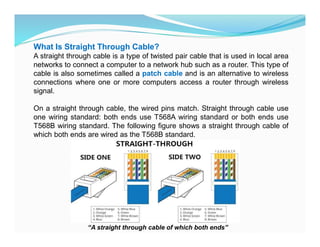 What Is Straight Through Cable?
A straight through cable is a type of twisted pair cable that is used in local area
networks to connect a computer to a network hub such as a router. This type of
cable is also sometimes called a patch cable and is an alternative to wireless
connections where one or more computers access a router through wireless
signal.
On a straight through cable, the wired pins match. Straight through cable use
one wiring standard: both ends use T568A wiring standard or both ends use
T568B wiring standard. The following figure shows a straight through cable of
which both ends are wired as the T568B standard.
“A straight through cable of which both ends”
 