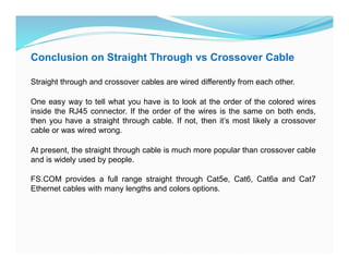 Conclusion on Straight Through vs Crossover Cable
Straight through and crossover cables are wired differently from each other.
One easy way to tell what you have is to look at the order of the colored wires
inside the RJ45 connector. If the order of the wires is the same on both ends,
then you have a straight through cable. If not, then it’s most likely a crossover
cable or was wired wrong.
At present, the straight through cable is much more popular than crossover cable
and is widely used by people.
FS.COM provides a full range straight through Cat5e, Cat6, Cat6a and Cat7
Ethernet cables with many lengths and colors options.
 