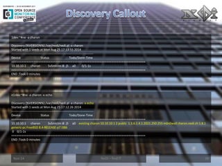Nov-14 
NeDi – find IT 
38 
1dev:~#ne -a charon 
Discovery (%VERSION%) /var/nedi/nedi.pl -a charon 
Started with 1 seeds at Mon Aug 25 17:13:55 2014 
------------------------------------------------------------------------------- 
Device Status Todo/Done-Time 
=============================================================================== 
10.10.10.1 charon SvSmIcIm i8 j5 a0 0/1-1s 
=============================================================================== 
END :Took 0 minutes 
n1dev:~#ne -a charon -x echo Discovery (%VERSION%) /var/nedi/nedi.pl -a charon -x echo Started with 1 seeds at Mon Aug 25 17:12:26 2014 ------------------------------------------------------------------------------- Device Status Todo/Done-Time =============================================================================== 10.10.10.1 charon SvSmIcIm i8 j5 a0 existing charon 10.10.10.1 2 public 1.3.6.1.4.1.2021.250.255 m0n0wall charon.nedi.ch 1.8.1 generic-pc FreeBSD 8.4-RELEASE-p7 i386 0 0/1-1s =============================================================================== END :Took 0 minutes  