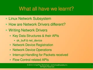 14© 2010-16 SysPlay Workshops <workshop@sysplay.in>
All Rights Reserved.
What all have we learnt?
Linux Network Subsystem
How are Network Drivers different?
Writing Network Drivers
Key Data Structures & their APIs
sk_buff & net_device
Network Device Registration
Network Device Operations
Interrupt Handling for Packets received
Flow Control related APIs
 