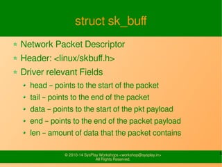 5© 2010-16 SysPlay Workshops <workshop@sysplay.in>
All Rights Reserved.
struct sk_buff
Network Packet Descriptor
Header: <linux/skbuff.h>
Driver relevant Fields
head – points to the start of the packet
tail – points to the end of the packet
data – points to the start of the pkt payload
end – points to the end of the packet payload
len – amount of data that the packet contains
 