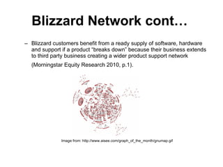 Blizzard Network cont…   Blizzard customers benefit from a ready supply of software, hardware and support if a product “breaks down” because their business extends to third party business creating a wider product support network (Morningstar Equity Research 2010, p.1).   Image from: http://www.aisee.com/graph_of_the_month/gnumap.gif 