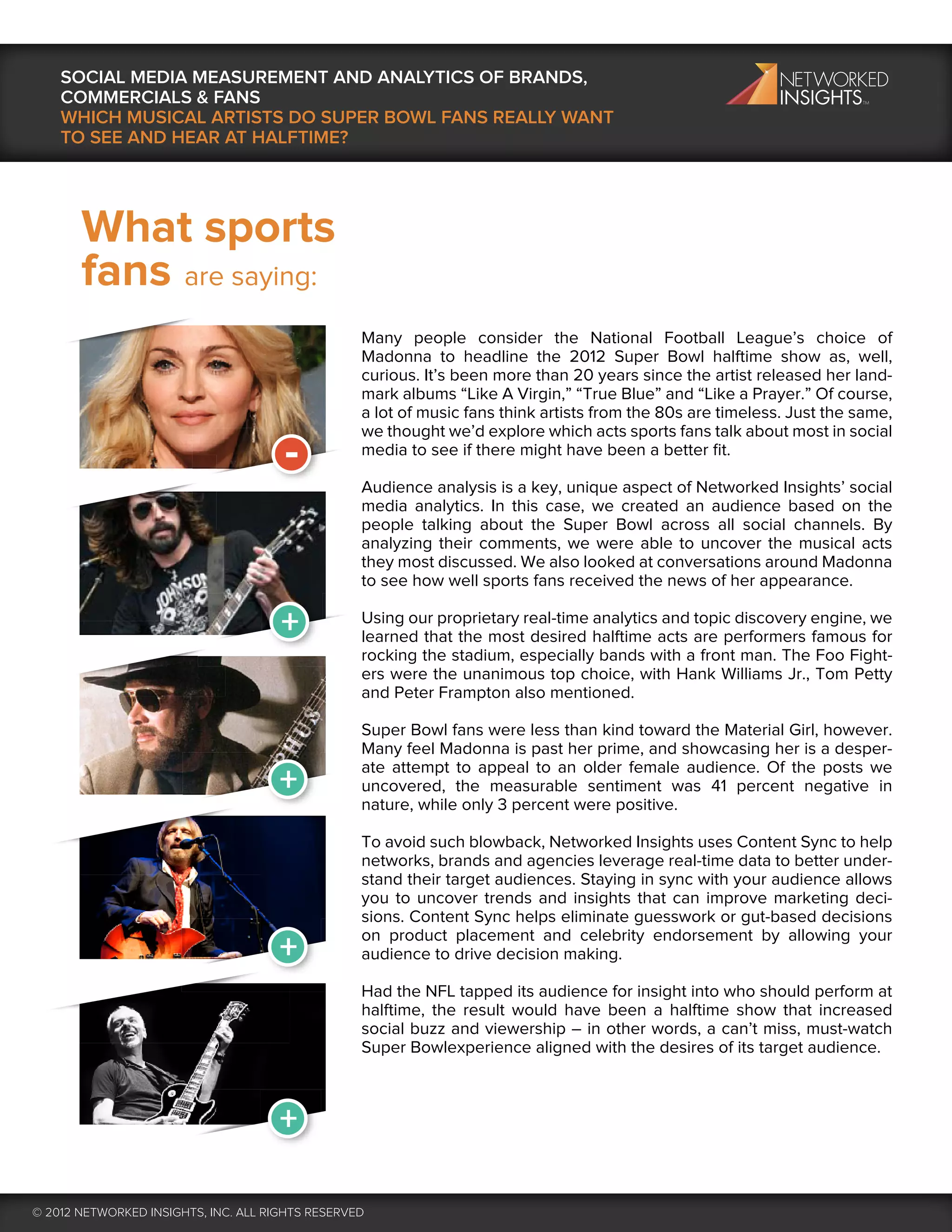 SOCIAL MEDIA MEASUREMENT AND ANALYTICS OF BRANDS,
    COMMERCIALS & FANS
    WHICH MUSICAL ARTISTS DO SUPER BOWL FANS REALLY WANT
    TO SEE AND HEAR AT HALFTIME?




       What sports
       fans are saying:
                                                  Many people consider the National Football League’s choice of
                                                  Madonna to headline the 2012 Super Bowl halftime show as, well,
                                                  curious. It’s been more than 20 years since the artist released her land-
                                                  mark albums “Like A Virgin,” “True Blue” and “Like a Prayer.” Of course,
                                                  a lot of music fans think artists from the 80s are timeless. Just the same,
                                                  we thought we’d explore which acts sports fans talk about most in social
                                      -           media to see if there might have been a better ﬁt.

                                                  Audience analysis is a key, unique aspect of Networked Insights’ social
                                                  media analytics. In this case, we created an audience based on the
                                                  people talking about the Super Bowl across all social channels. By
                                                  analyzing their comments, we were able to uncover the musical acts
                                                  they most discussed. We also looked at conversations around Madonna
                                                  to see how well sports fans received the news of her appearance.

                                      +           Using our proprietary real-time analytics and topic discovery engine, we
                                                  learned that the most desired halftime acts are performers famous for
                                                  rocking the stadium, especially bands with a front man. The Foo Fight-
                                                  ers were the unanimous top choice, with Hank Williams Jr., Tom Petty
                                                  and Peter Frampton also mentioned.

                                                  Super Bowl fans were less than kind toward the Material Girl, however.
                                                  Many feel Madonna is past her prime, and showcasing her is a desper-
                                                  ate attempt to appeal to an older female audience. Of the posts we
                                     +            uncovered, the measurable sentiment was 41 percent negative in
                                                  nature, while only 3 percent were positive.

                                                  To avoid such blowback, Networked Insights uses Content Sync to help
                                                  networks, brands and agencies leverage real-time data to better under-
                                                  stand their target audiences. Staying in sync with your audience allows
                                                  you to uncover trends and insights that can improve marketing deci-
                                                  sions. Content Sync helps eliminate guesswork or gut-based decisions
                                                  on product placement and celebrity endorsement by allowing your
                                     +            audience to drive decision making.

                                                  Had the NFL tapped its audience for insight into who should perform at
                                                  halftime, the result would have been a halftime show that increased
                                                  social buzz and viewership – in other words, a can’t miss, must-watch
                                                  Super Bowlexperience aligned with the desires of its target audience.



                                     +

© 2012 NETWORKED INSIGHTS, INC. ALL RIGHTS RESERVED
 