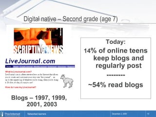 Digital native – Second grade (age 7) Blogs – 1997, 1999, 2001, 2003 Today: 14 % of online teens keep blogs and regularly post -------- ~54% read blogs 