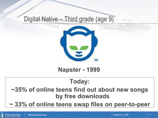 Digital Native – Third grade (age 9) Napster - 1999 Today: ~35% of online teens find out about new songs by free downloads ~ 33% of online teens swap files on peer-to-peer 