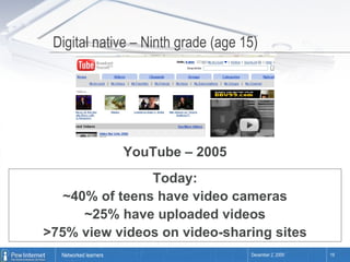 Digital native – Ninth grade (age 15) YouTube – 2005 Today: ~40% of teens have video cameras ~25% have uploaded videos >75% view videos on video-sharing sites 