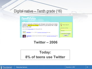 Digital native – Tenth grade (16) Twitter – 2006 Today: 8% of teens use Twitter 