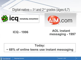 Digital native – 1 st  and 2 nd  grades (ages 6,7) ICQ - 1996 AOL instant messaging - 1997 Today: ~ 68% of online teens use instant messaging 