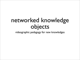 networked knowledge
objects
videographic pedagogy for new knowledges
 
