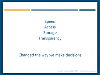 SpeedAccessStorageTransparencyChanged the way we make decisionscopyright  r2integrated, LLC  2009 – confidential and proprietary