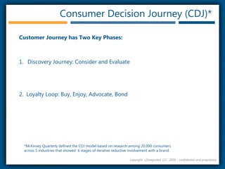Consumer Decision Journey (CDJ)*Customer Journey has Two Key Phases:Discovery Journey: Consider and Evaluate 2.  Loyalty Loop: Buy, Enjoy, Advocate, Bond copyright  r2integrated, LLC  2009 – confidential and proprietary*McKinsey Quarterly defined the CDJ model based on research among 20,000 consumers across 5 industries that showed  6 stages of iterative reductive involvement with a brand