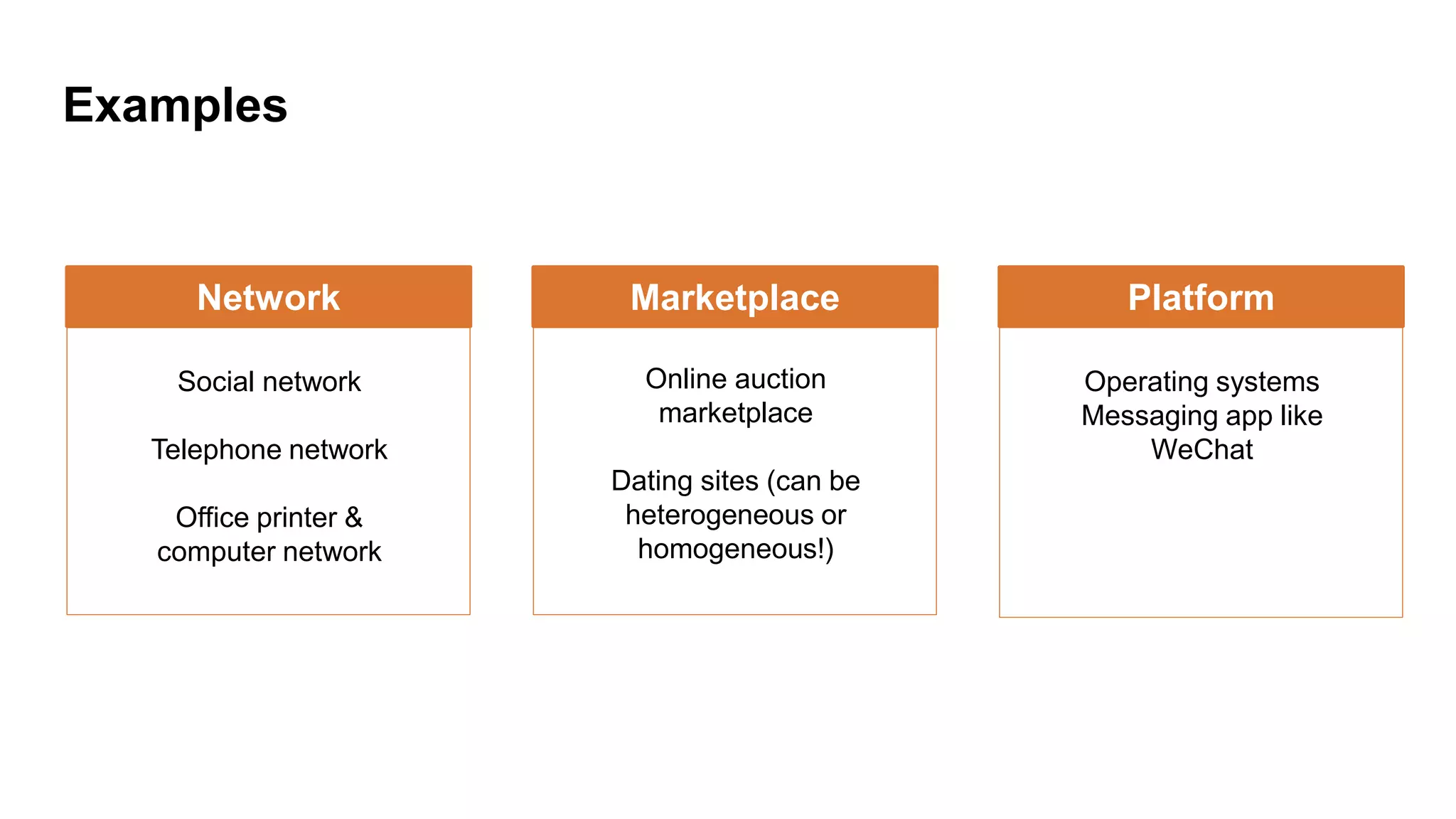 Examples
Platform
Operating systems
Messaging app like
WeChat
Marketplace
Online auction
marketplace
Dating sites (can be
heterogeneous or
homogeneous!)
Network
Social network
Telephone network
Office printer &
computer network
 