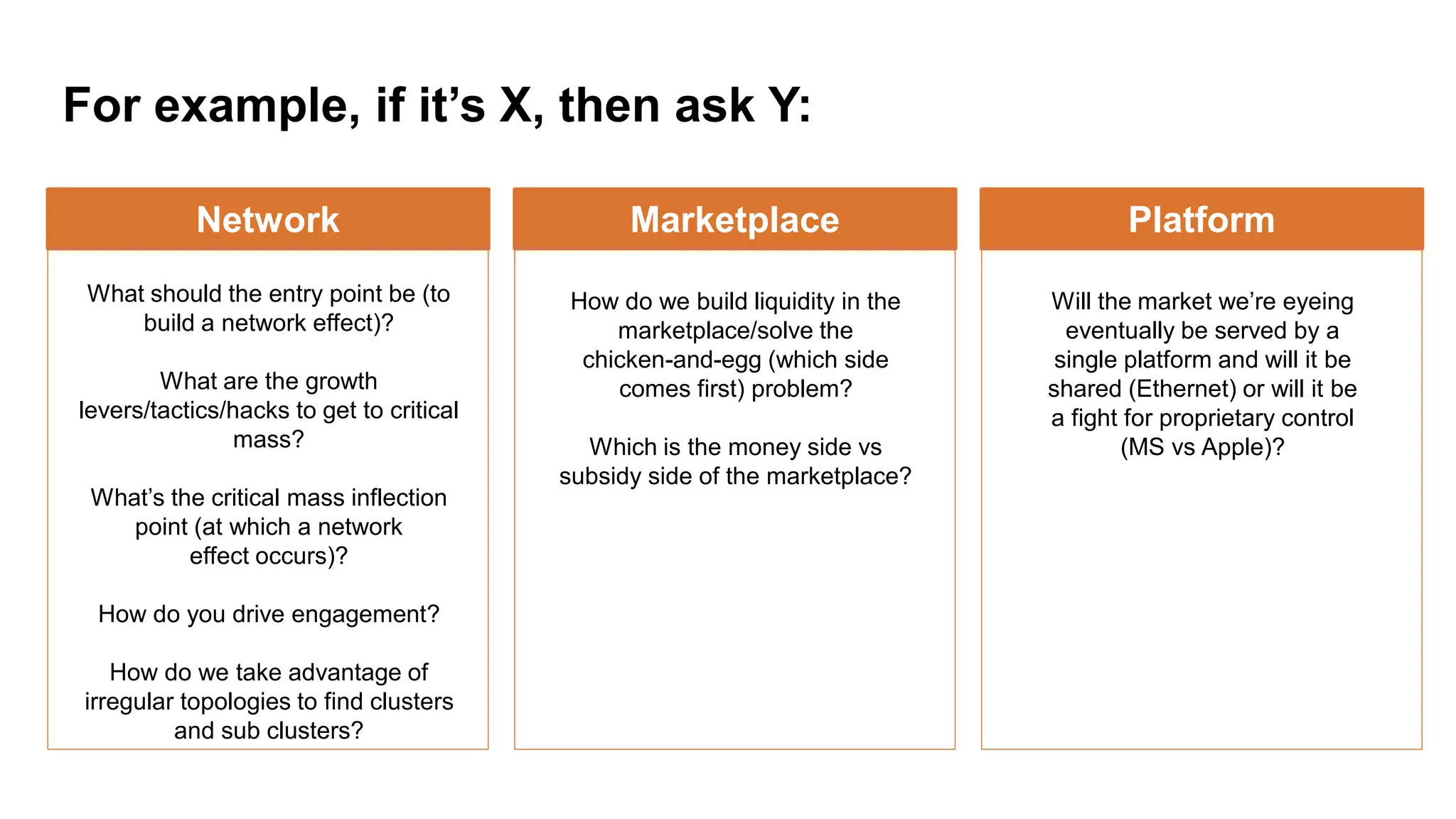 For example, if it’s X, then ask Y:
Platform
Will the market we’re eyeing
eventually be served by a
single platform and will it be
shared (Ethernet) or will it be
a fight for proprietary control
(MS vs Apple)?
Marketplace
How do we build liquidity in the
marketplace/solve the
chicken-and-egg (which side
comes first) problem?
Which is the money side vs
subsidy side of the marketplace?
Network
What should the entry point be (to
build a network effect)?
What are the growth
levers/tactics/hacks to get to critical
mass?
What’s the critical mass inflection
point (at which a network
effect occurs)?
How do you drive engagement?
How do we take advantage of
irregular topologies to find clusters
and sub clusters?
 