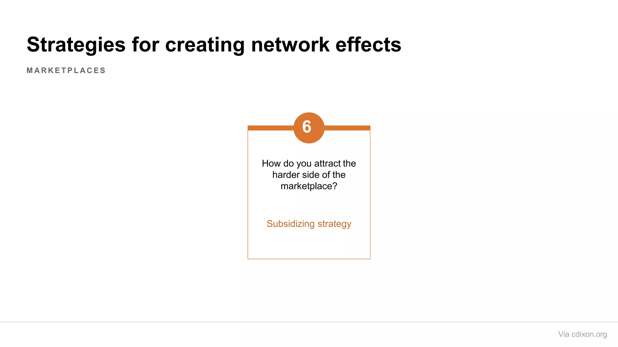 Strategies for creating network effects
How do you attract the
harder side of the
marketplace?
6
Subsidizing strategy
M A R K E T P L A C E S
Via cdixon.org
 