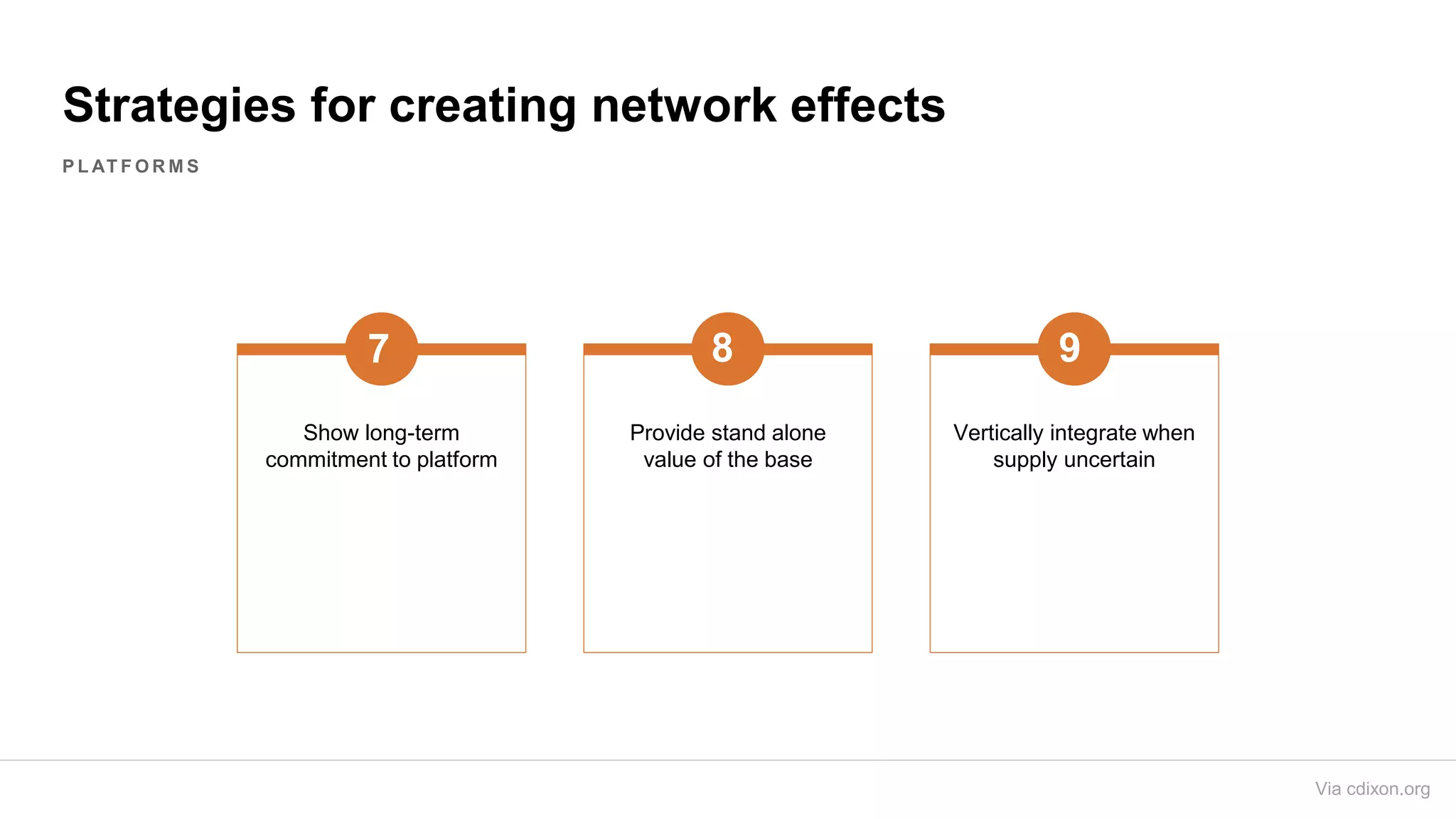 Strategies for creating network effects
Show long-term
commitment to platform
7
Provide stand alone
value of the base
8
Vertically integrate when
supply uncertain
9
P L AT F O R M S
Via cdixon.org
 