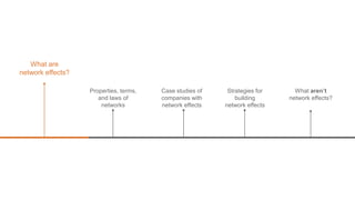 What are
network effects?
Properties, terms,
and laws of
networks
Strategies for
building
network effects
What aren’t
network effects?
Case studies of
companies with
network effects
 