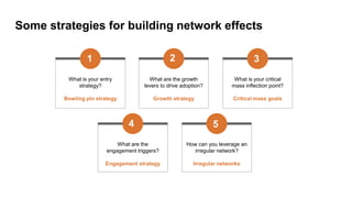 Some strategies for building network effects
What is your entry
strategy?
Bowling pin strategy
1
What are the growth
levers to drive adoption?
Growth strategy
2
What is your critical
mass inflection point?
Critical mass goals
3
What are the
engagement triggers?
Engagement strategy
4
How can you leverage an
irregular network?
Irregular networks
5
 