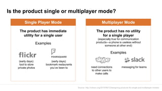 Is the product single or multiplayer mode?
Source: http://cdixon.org/2010/06/12/designing-products-for-single-and-multipla...
