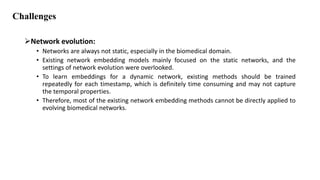 Challenges
Network evolution:
• Networks are always not static, especially in the biomedical domain.
• Existing network embedding models mainly focused on the static networks, and the
settings of network evolution were overlooked.
• To learn embeddings for a dynamic network, existing methods should be trained
repeatedly for each timestamp, which is definitely time consuming and may not capture
the temporal properties.
• Therefore, most of the existing network embedding methods cannot be directly applied to
evolving biomedical networks.
 