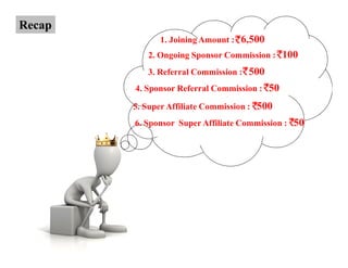 Recap
              1. Joining Amount : 6,500
           2. Ongoing Sponsor Commission : 100
           3. Referral Commission : 500
        4. Sponsor Referral Commission : 50

        5. Super Affiliate Commission : 500
        6. Sponsor Super Affiliate Commission : 50
 
