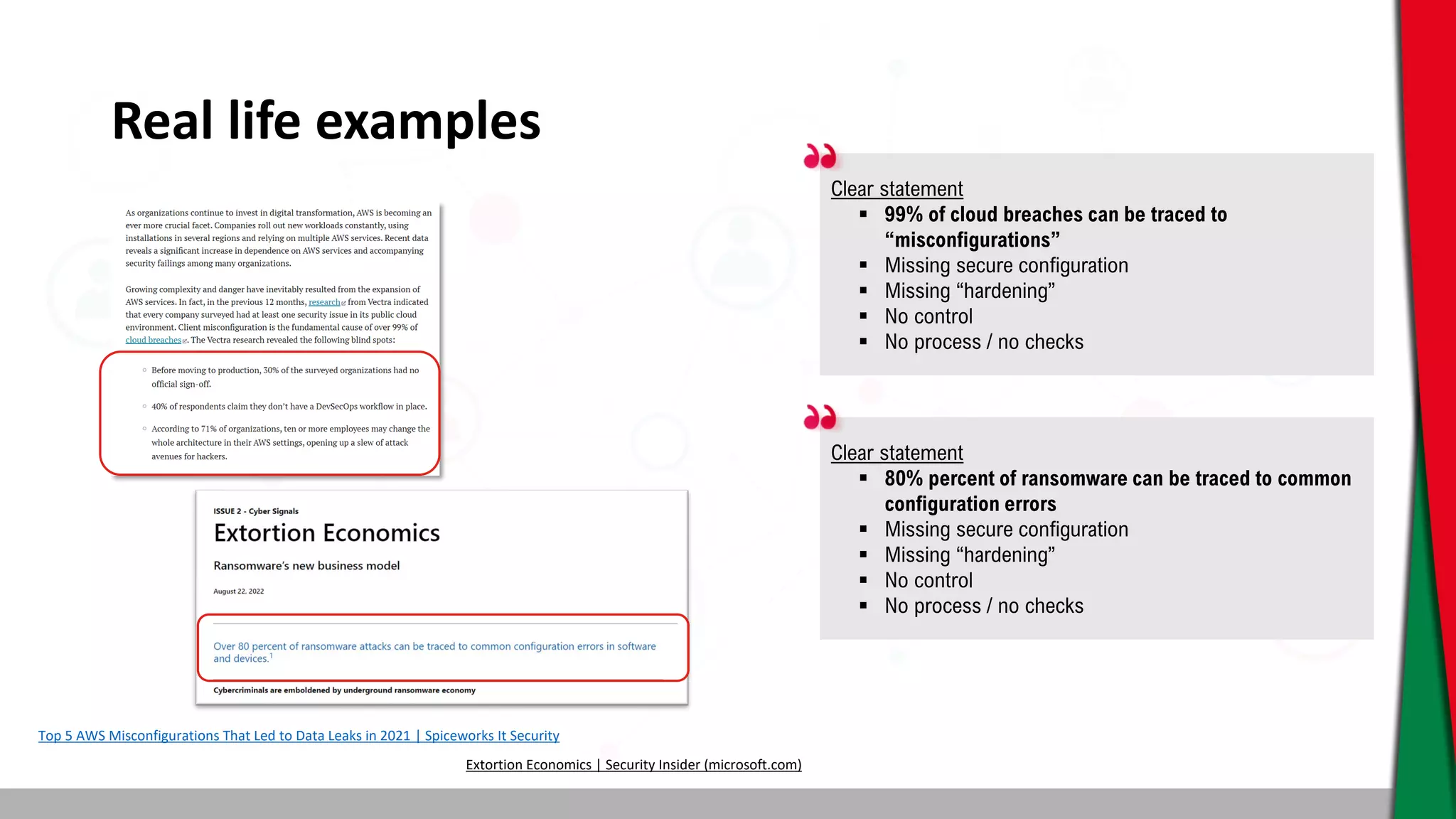 Real life examples
Top 5 AWS Misconfigurations That Led to Data Leaks in 2021 | Spiceworks It Security
Clear statement
 99% of cloud breaches can be traced to
“misconfigurations”
 Missing secure configuration
 Missing “hardening”
 No control
 No process / no checks
Clear statement
 80% percent of ransomware can be traced to common
configuration errors
 Missing secure configuration
 Missing “hardening”
 No control
 No process / no checks
Extortion Economics | Security Insider (microsoft.com)
 
