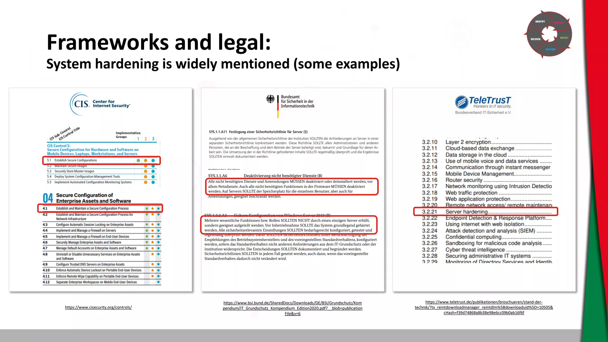 Frameworks and legal:
System hardening is widely mentioned (some examples)
https://www.cisecurity.org/controls/
https://www.bsi.bund.de/SharedDocs/Downloads/DE/BSI/Grundschutz/Kom
pendium/IT_Grundschutz_Kompendium_Edition2020.pdf?__blob=publication
File&v=6
https://www.teletrust.de/publikationen/broschueren/stand-der-
technik/?tx_reintdownloadmanager_reintdlm%5Bdownloaduid%5D=10505&
cHash=f39d74868a8b38e98e6cc09b0ab16f6f
 