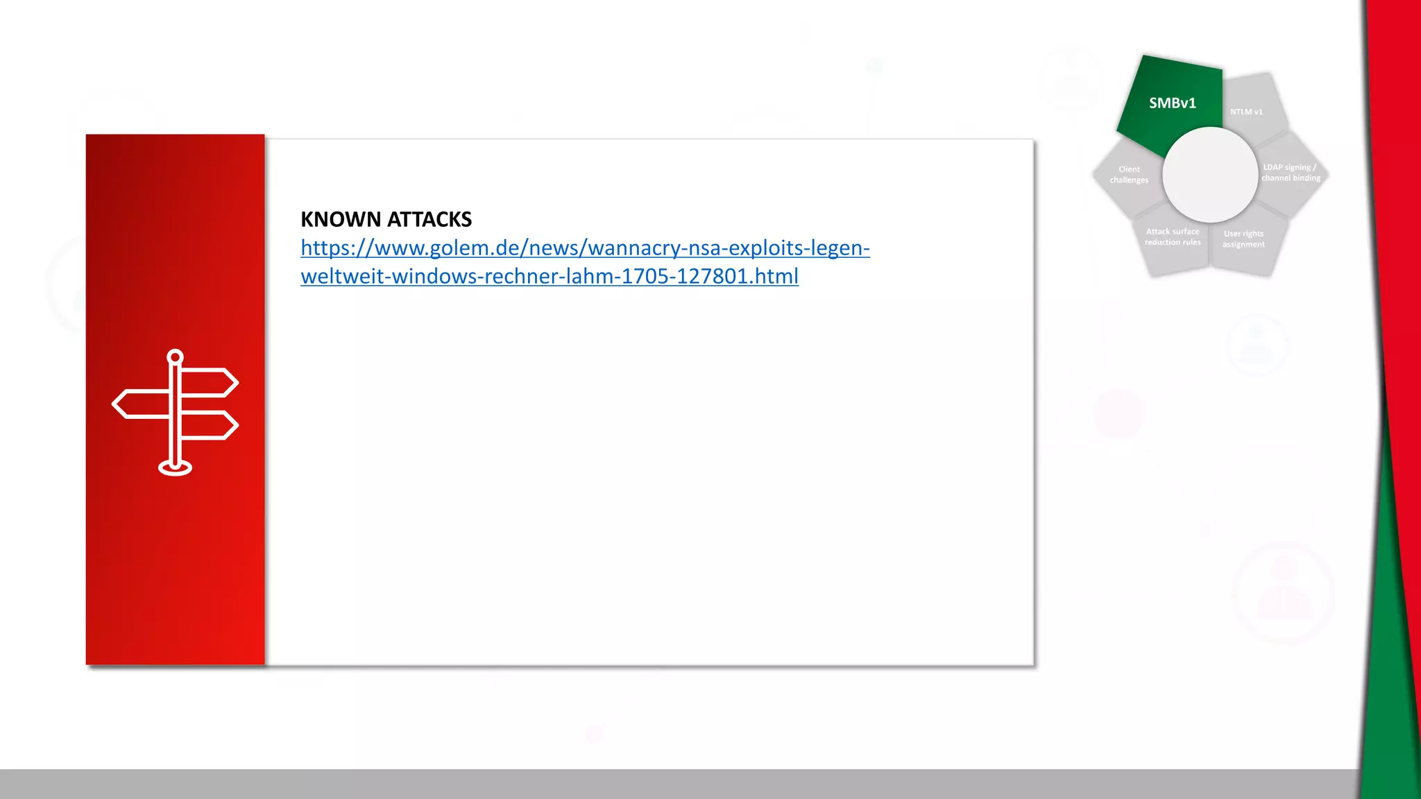 SMBv1 NTLM v1
Client
challenges
Attack surface
reduction rules
User rights
assignment
LDAP signing /
channel binding
KNOWN ATTACKS
https://www.golem.de/news/wannacry-nsa-exploits-legen-
weltweit-windows-rechner-lahm-1705-127801.html
 