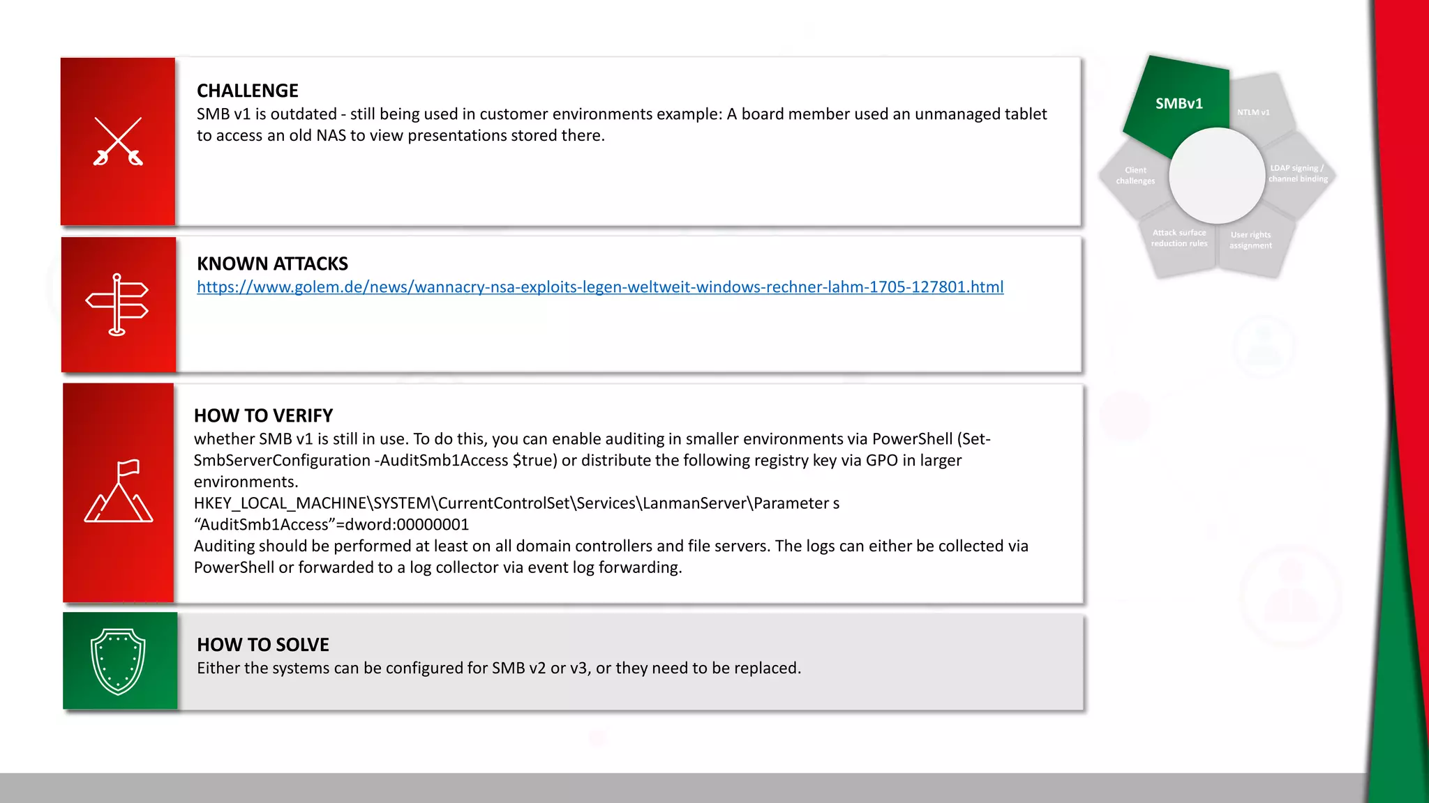 SMBv1 NTLM v1
Client
challenges
Attack surface
reduction rules
User rights
assignment
LDAP signing /
channel binding
CHALLENGE
SMB v1 is outdated - still being used in customer environments example: A board member used an unmanaged tablet
to access an old NAS to view presentations stored there.
KNOWN ATTACKS
https://www.golem.de/news/wannacry-nsa-exploits-legen-weltweit-windows-rechner-lahm-1705-127801.html
HOW TO SOLVE
Either the systems can be configured for SMB v2 or v3, or they need to be replaced.
HOW TO VERIFY
whether SMB v1 is still in use. To do this, you can enable auditing in smaller environments via PowerShell (Set-
SmbServerConfiguration -AuditSmb1Access $true) or distribute the following registry key via GPO in larger
environments.
HKEY_LOCAL_MACHINESYSTEMCurrentControlSetServicesLanmanServerParameter s
“AuditSmb1Access”=dword:00000001
Auditing should be performed at least on all domain controllers and file servers. The logs can either be collected via
PowerShell or forwarded to a log collector via event log forwarding.
 