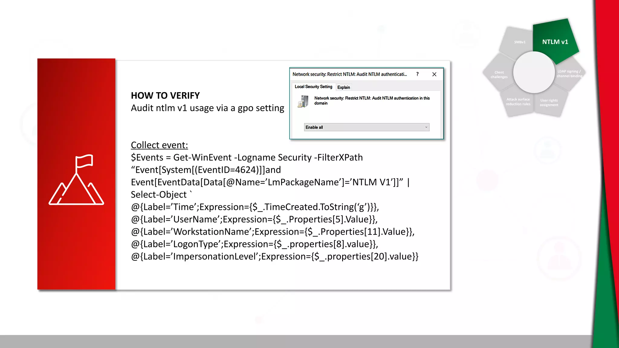 SMBv1 NTLM v1
Client
challenges
Attack surface
reduction rules
User rights
assignment
LDAP signing /
channel binding
HOW TO VERIFY
Audit ntlm v1 usage via a gpo setting
Collect event:
$Events = Get-WinEvent -Logname Security -FilterXPath
“Event[System[(EventID=4624)]]and
Event[EventData[Data[@Name=’LmPackageName’]=’NTLM V1′]]” |
Select-Object `
@{Label=’Time’;Expression={$_.TimeCreated.ToString(‘g’)}},
@{Label=’UserName’;Expression={$_.Properties[5].Value}},
@{Label=’WorkstationName’;Expression={$_.Properties[11].Value}},
@{Label=’LogonType’;Expression={$_.properties[8].value}},
@{Label=’ImpersonationLevel’;Expression={$_.properties[20].value}}
 