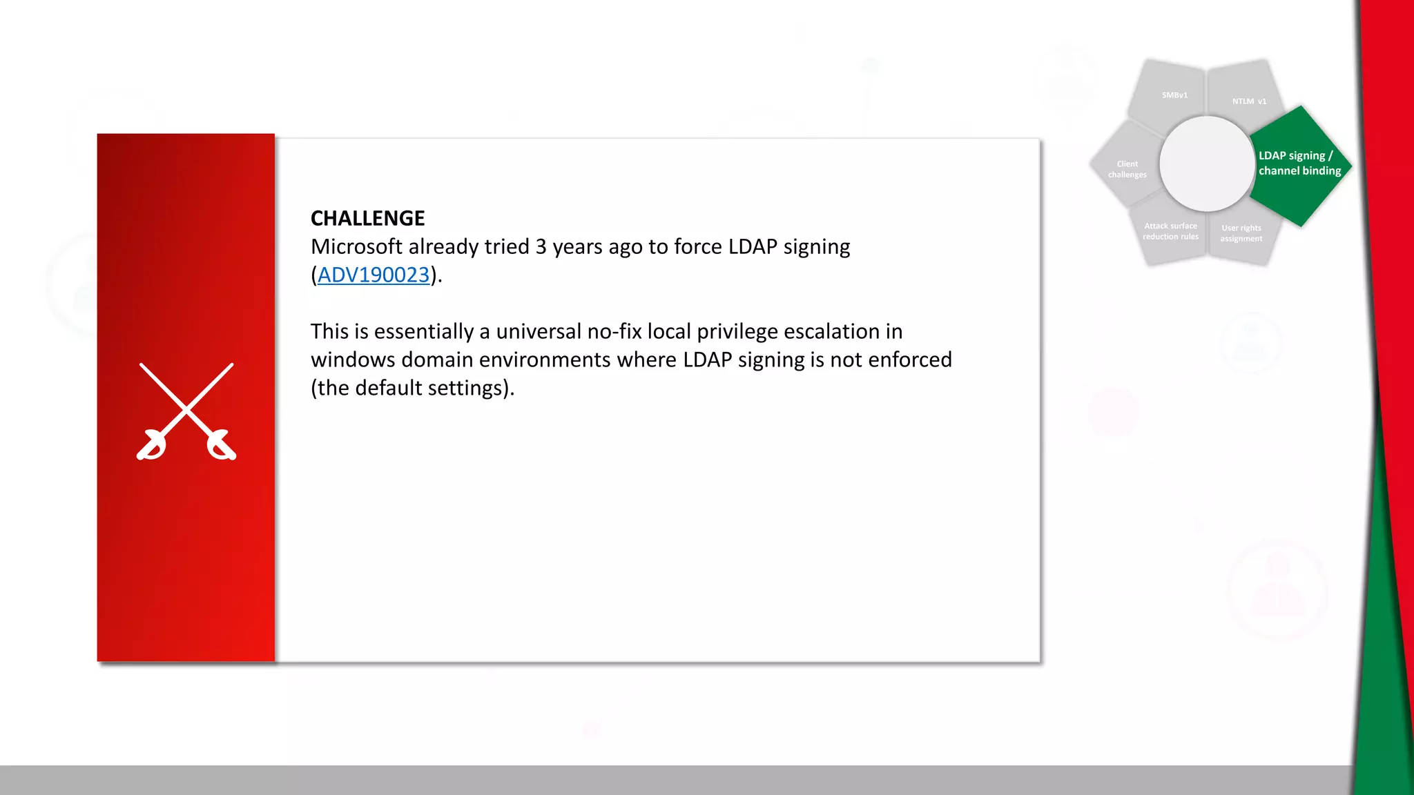 SMBv1
NTLM v1
Client
challenges
Attack surface
reduction rules
User rights
assignment
LDAP signing /
channel binding
CHALLENGE
Microsoft already tried 3 years ago to force LDAP signing
(ADV190023).
This is essentially a universal no-fix local privilege escalation in
windows domain environments where LDAP signing is not enforced
(the default settings).
 