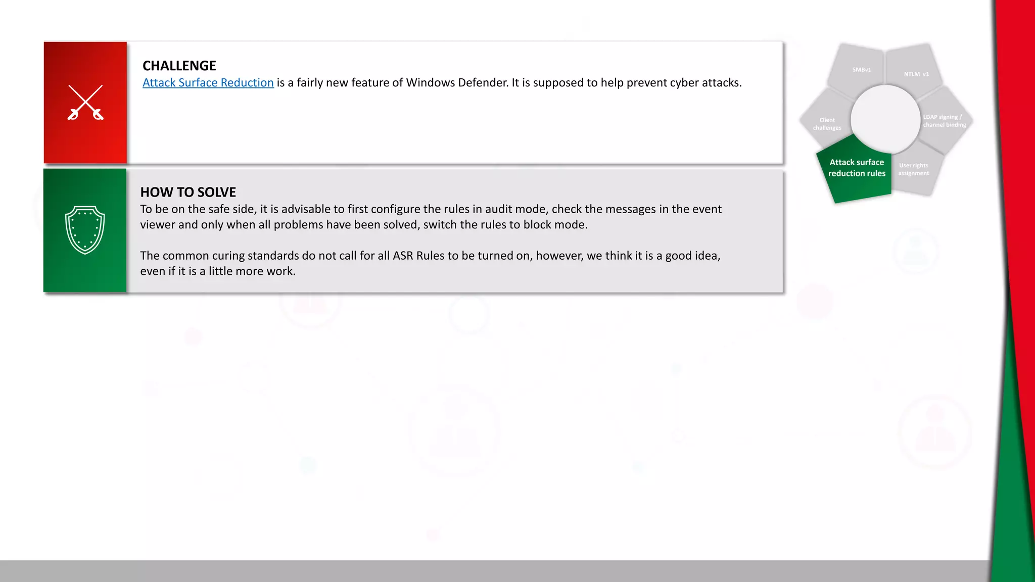 SMBv1
NTLM v1
Client
challenges
LDAP signing /
channel binding
User rights
assignment
Attack surface
reduction rules
CHALLENGE
Attack Surface Reduction is a fairly new feature of Windows Defender. It is supposed to help prevent cyber attacks.
HOW TO SOLVE
To be on the safe side, it is advisable to first configure the rules in audit mode, check the messages in the event
viewer and only when all problems have been solved, switch the rules to block mode.
The common curing standards do not call for all ASR Rules to be turned on, however, we think it is a good idea,
even if it is a little more work.
 