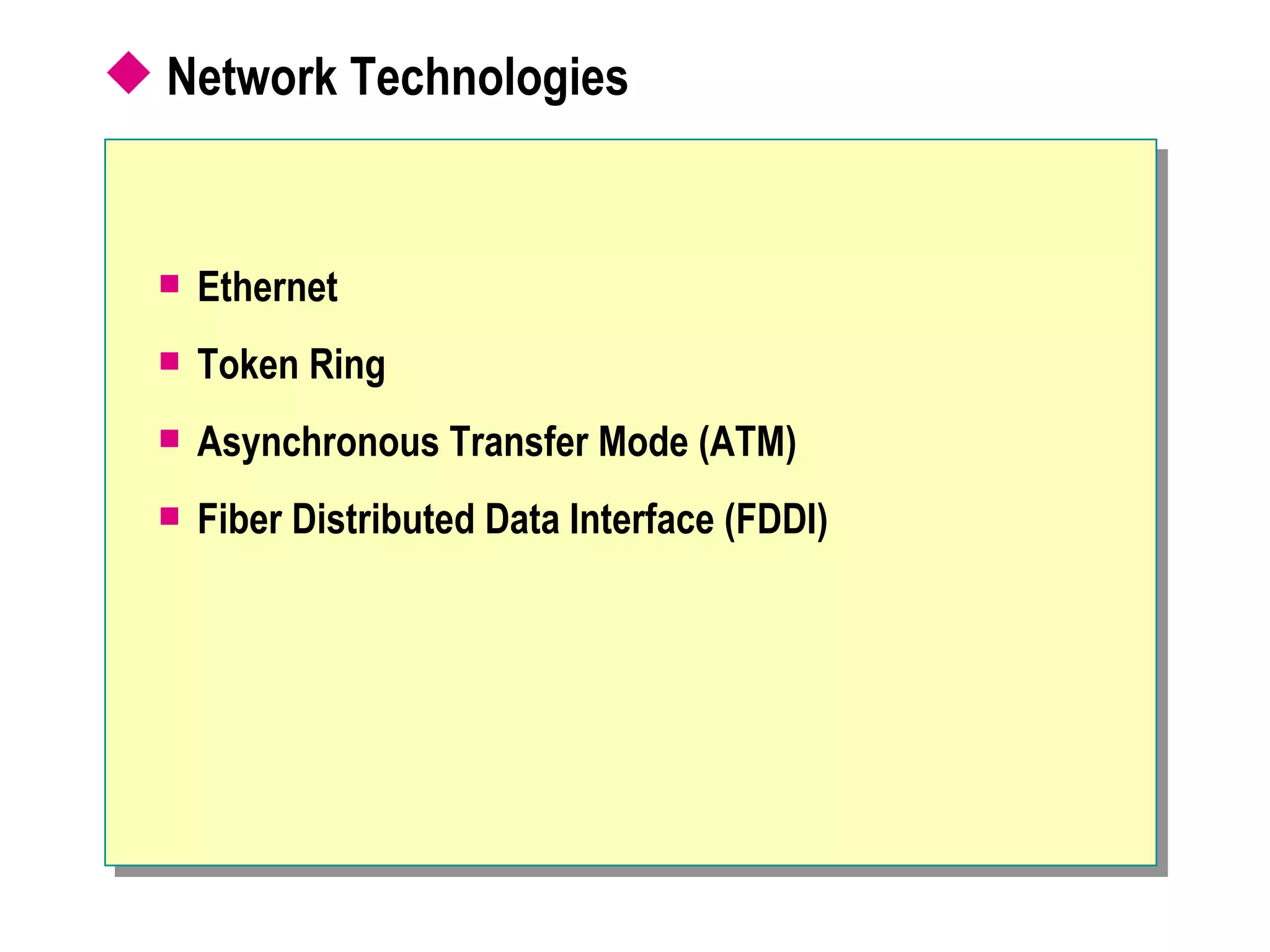 Network Technologies Ethernet Token Ring Asynchronous Transfer Mode (ATM) Fiber Distributed Data Interface (FDDI) 