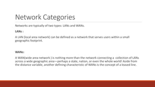 Network Categories
Networks are typically of two types: LANs and WANs.
LANs :
A LAN (local area network) can be defined as a network that serves users within a small
geographic footprint.
WANs:
A WAN(wide area network ) is nothing more than the network connecting a collection of LANs
across a wide geographic area—perhaps a state, nation, or even the whole world! Aside from
the distance variable, another defining characteristic of WANs is the concept of a leased line.
 
