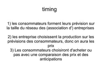 timing

 1) les consommateurs forment leurs prévision sur
la taille du réseau des (association d') entreprises

2) les entreprise choisissent la production sur les
prévisions des consommateurs, donc on aura les
                        prix
 3) Les consommateurs choisiront d'acheter ou
    pas avec une comparaison des prix et des
                   anticipations
 