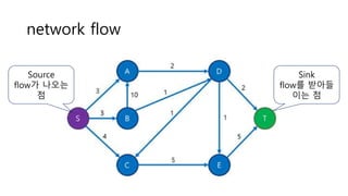 network flow
Source
flow가 나오는
점
Sink
flow를 받아들
이는 점
 