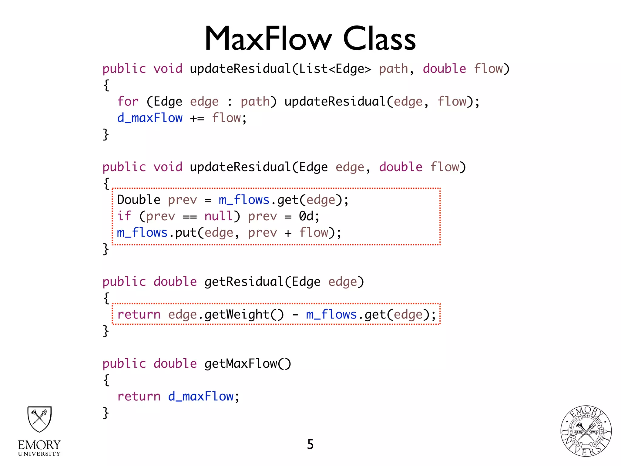 MaxFlow Class
5
public void updateResidual(List<Edge> path, double flow)
{
for (Edge edge : path) updateResidual(edge, flow);
d_maxFlow += flow;
}
public void updateResidual(Edge edge, double flow)
{
Double prev = m_flows.get(edge);
if (prev == null) prev = 0d;
m_flows.put(edge, prev + flow);
}
public double getResidual(Edge edge)
{
return edge.getWeight() - m_flows.get(edge);
}
public double getMaxFlow()
{
return d_maxFlow;
}
 