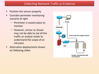 Collecting Network Traffic as Evidence

• Position the sensor properly
• Consider perimeter monitoring
  scenario at right
   – Perimeter is easiest place to
      monitor
   – However, sensor as shown
      may not be able to see all the
      traffic an analyst needs to
      understand the scope of an
      intrusion
• Alternative deployments shown
  on following slides
 