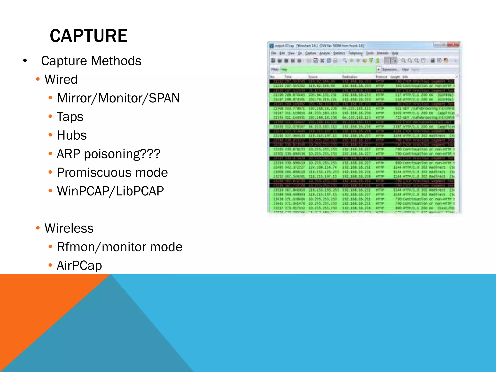 CAPTURE
• Capture Methods
• Wired
• Mirror/Monitor/SPAN
• Taps
• Hubs
• ARP poisoning???
• Promiscuous mode
• WinPCAP/LibPCAP
• Wireless
• Rfmon/monitor mode
• AirPCap
 