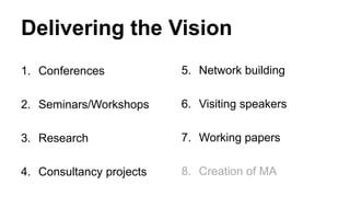 Delivering the Vision
1. Conferences

5. Network building

2. Seminars/Workshops

6. Visiting speakers

3. Research

7. Working papers

4. Consultancy projects

8. Creation of MA

 