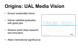 Origins: UAL Media Vision
• Ensure sustainable future
• Deliver satisfied graduates
with great jobs
• Achieve world class research
and innovation
• Attain international significance

 