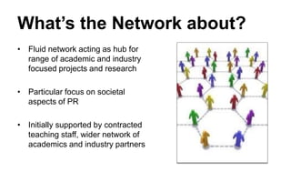 What’s the Network about?
• Fluid network acting as hub for
range of academic and industry
focused projects and research

• Particular focus on societal
aspects of PR
• Initially supported by contracted
teaching staff, wider network of
academics and industry partners

NETWORK IMAGE

 