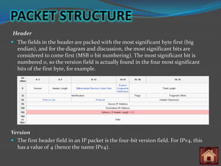 PACKET STRUCTURE
Header
 The fields in the header are packed with the most significant byte first (big
  endian), and for the diagram and discussion, the most significant bits are
  considered to come first (MSB 0 bit numbering). The most significant bit is
  numbered 0, so the version field is actually found in the four most significant
  bits of the first byte, for example.




Version
 The first header field in an IP packet is the four-bit version field. For IPv4, this
  has a value of 4 (hence the name IPv4).
 