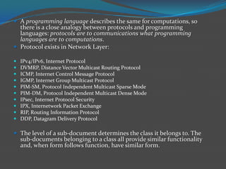  A programming language describes the same for computations, so
  there is a close analogy between protocols and programming
  languages: protocols are to communications what programming
  languages are to computations.
 Protocol exists in Network Layer:

   IPv4/IPv6, Internet Protocol
   DVMRP, Distance Vector Multicast Routing Protocol
   ICMP, Internet Control Message Protocol
   IGMP, Internet Group Multicast Protocol
   PIM-SM, Protocol Independent Multicast Sparse Mode
   PIM-DM, Protocol Independent Multicast Dense Mode
   IPsec, Internet Protocol Security
   IPX, Internetwork Packet Exchange
   RIP, Routing Information Protocol
   DDP, Datagram Delivery Protocol

 The level of a sub-document determines the class it belongs to. The
    sub-documents belonging to a class all provide similar functionality
    and, when form follows function, have similar form.
 