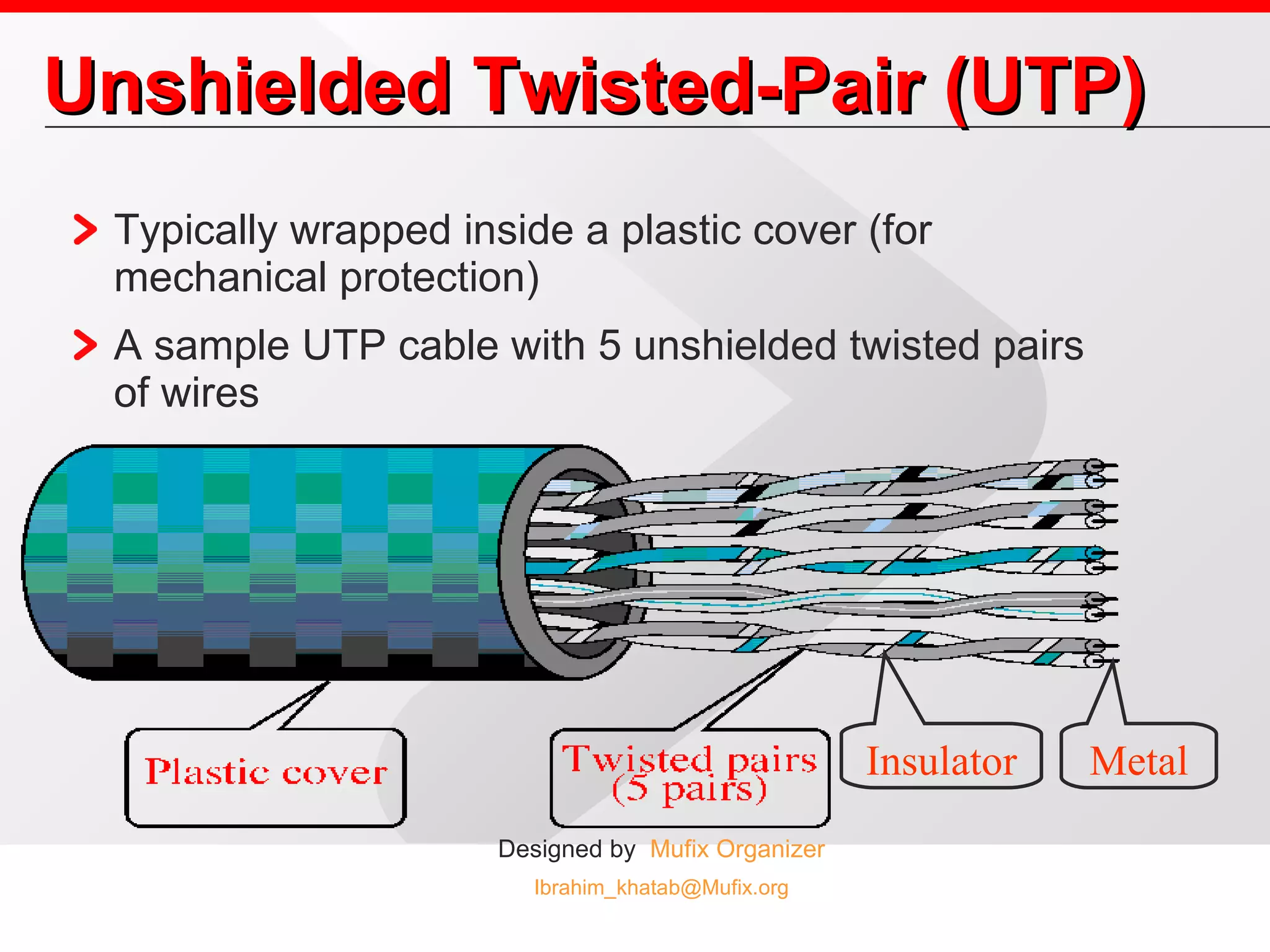 Unshielded Twisted-Pair (UTP) Typically wrapped inside a plastic cover (for mechanical protection) A sample UTP cable with 5 unshielded twisted pairs of wires Metal Insulator 