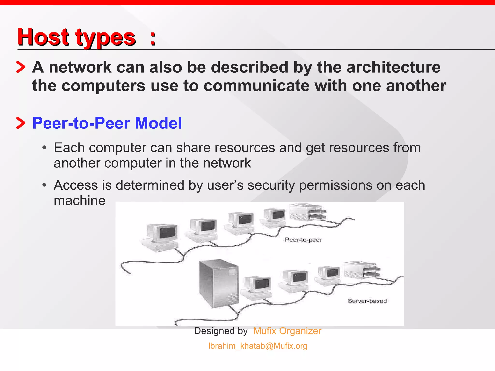 Host types  : A network can also be described by the architecture the computers use to communicate with one another Peer-to-Peer Model Each computer can share resources and get resources from another computer in the network Access is determined by user’s security permissions on each machine 