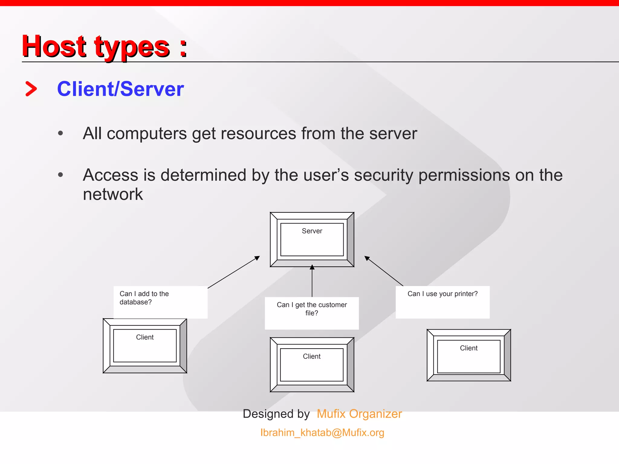 Host types : Client/Server All computers get resources from the server Access is determined by the user’s security permissions on the network Server Client Client Can I use your printer? Can I get the customer file? Client Can I add to the database? 