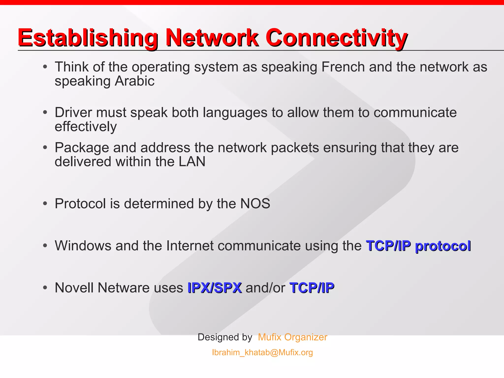 Establishing Network Connectivity Think of the operating system as speaking French and the network as speaking Arabic Driver must speak both languages to allow them to communicate effectively Package and address the network packets ensuring that they are delivered within the LAN Protocol is determined by the NOS Windows and the Internet communicate using the  TCP/IP protocol Novell Netware uses  IPX/SPX  and/or  TCP/IP 