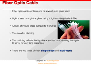 Fiber Optic Cable Fiber optic cable contains one or several pure glass tubes Light is sent through the glass using a light-emitting diode (LED) A layer of impure glass surrounds the tubes This is called cladding The cladding reflects the light back into the tube allowing the signal to travel for very long distances There are two types of fiber,  single-mode  and  multi-mode   