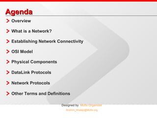 Agenda Overview What is a Network? Establishing Network Connectivity OSI Model Physical Components DataLink Protocols Network Protocols Other Terms and Definitions 