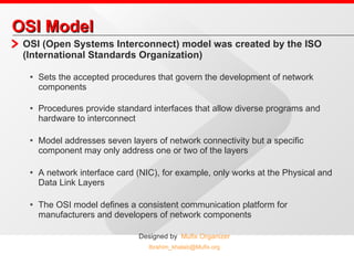 OSI Model OSI (Open Systems Interconnect) model was created by the ISO (International Standards Organization) Sets the accepted procedures that govern the development of network components Procedures provide standard interfaces that allow diverse programs and hardware to interconnect Model addresses seven layers of network connectivity but a specific component may only address one or two of the layers A network interface card (NIC), for example, only works at the Physical and Data Link Layers The OSI model defines a consistent communication platform for manufacturers and developers of network components 